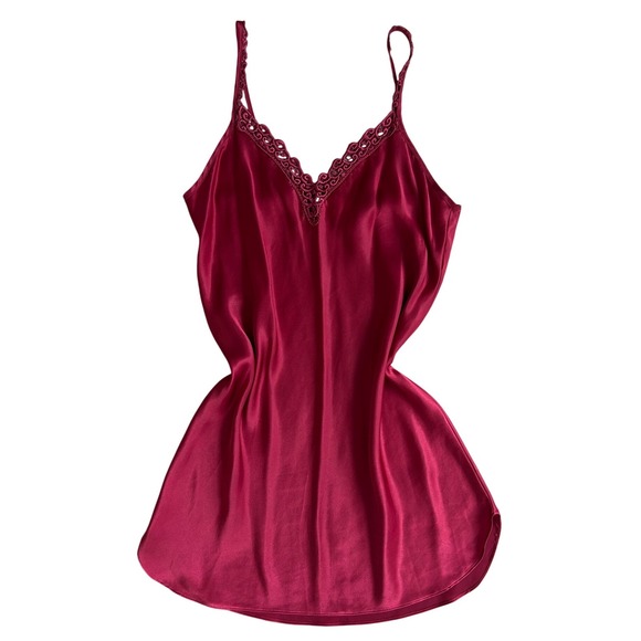 American Vintage Dresses & Skirts - Vintage 80s Burgundy Satin Lace Trim Slip babydoll Nightgown Chemise Dress